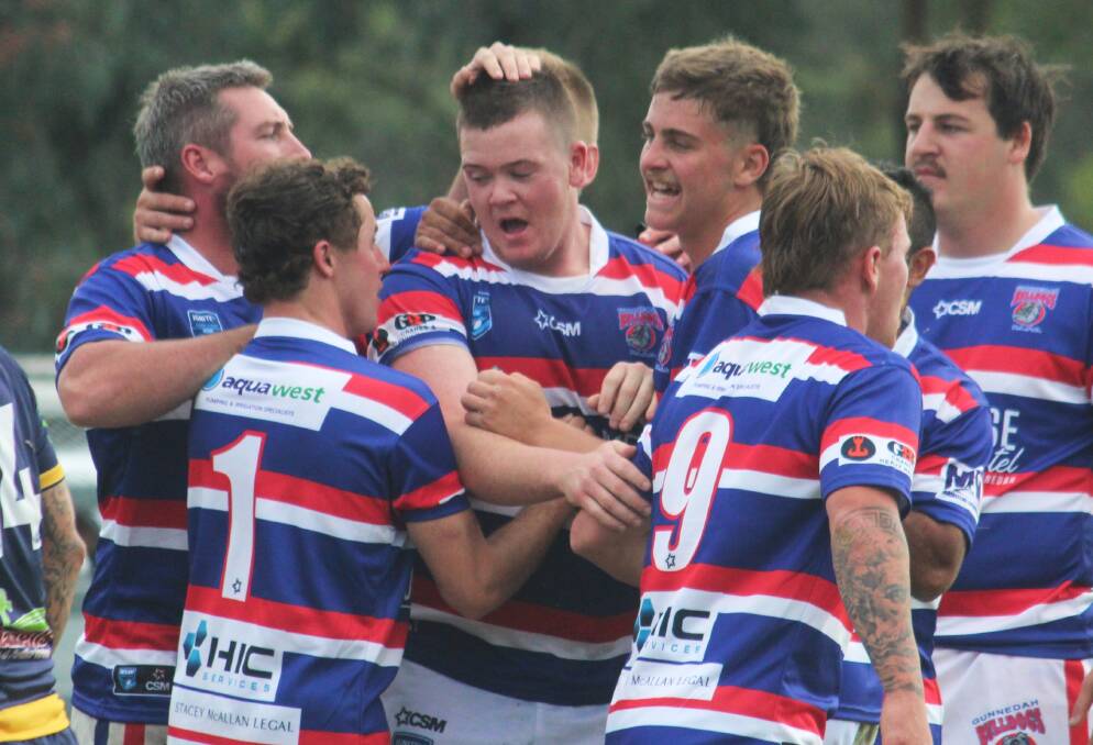 Lincon Smith celebrates a try in Gunnedah's round two thriller against Dungowan. Picture by Zac Lowe.