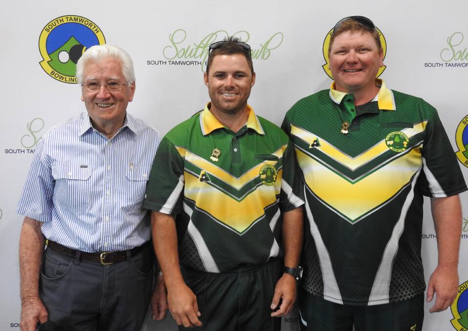 Champions: Zone 3 President Rob Key with the 2021 Zone 3 Champion of Club Champion Pairs winners Justin Knight and Todd Cowan from Wee Waa BC. Photo: Supplied.