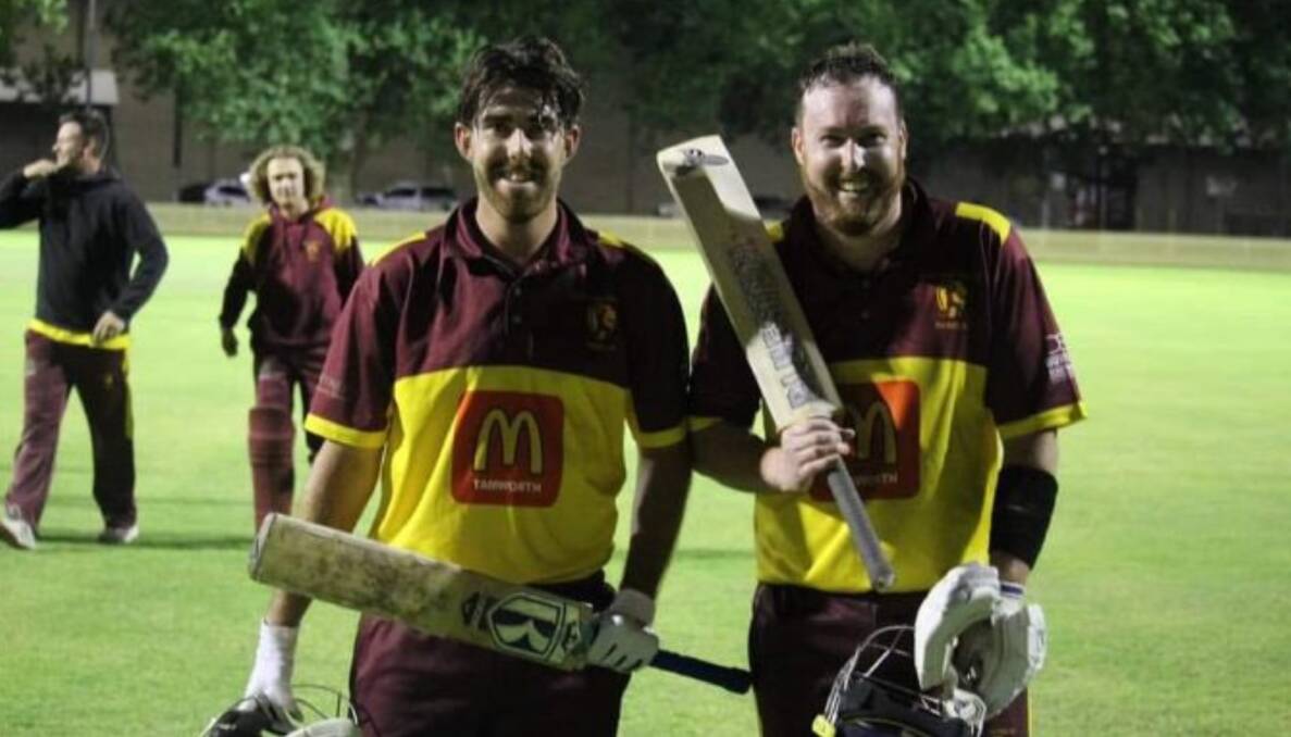 Brad Smith (right) and Tom Fitzgerald celebrate after their match-winning knocks against North Tamworth in round one. Picture by Andrew Rodgers. 