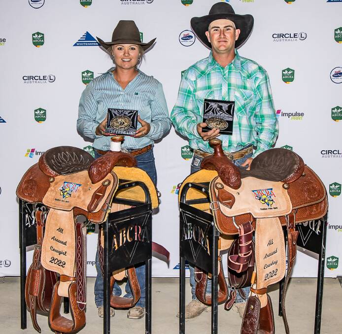 Crisp and Wade McCarthy celebrate their All Round Open Cowgirl and All Round Open Cowboy victories last year. Picture by Stephen Mowbray.