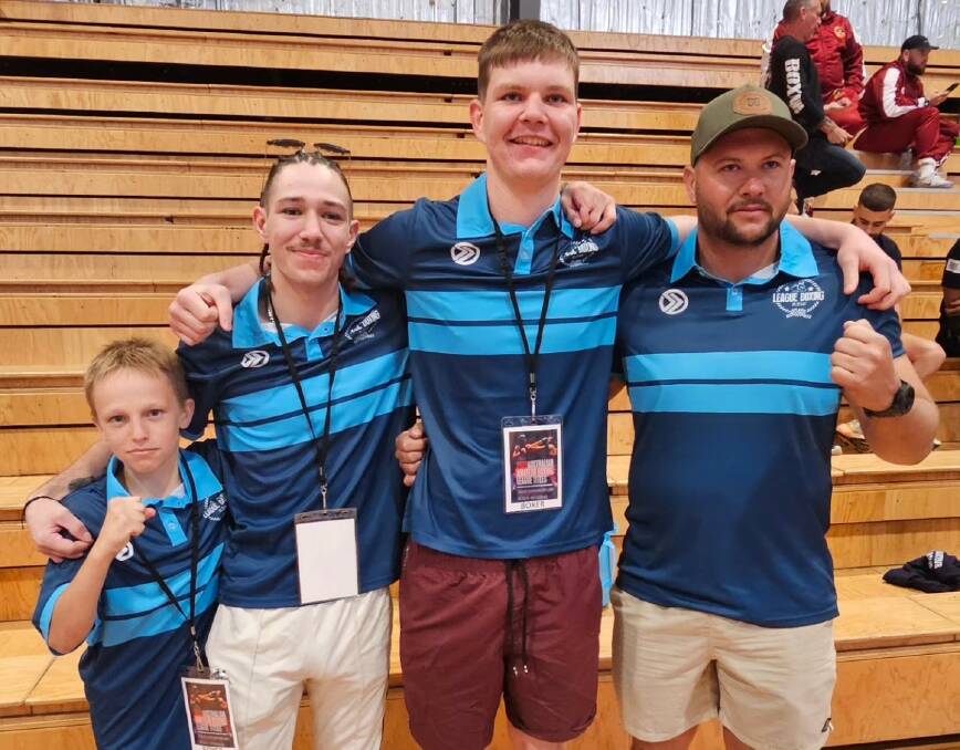 The One2Boxing Westside contingent (from left) included Reid Gray, Mace Everleigh (who trains with Black 'n' Blue Boxing in Gunnedah), Rohan Martin, and Jarrod Denman. Picture by One2Boxing Westside. 