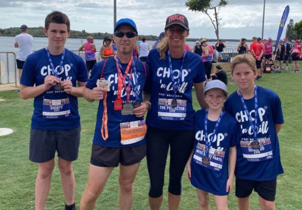 The family: (from left) Braith, Aaron, Alison, Chelsea, and Jake enjoying the chance to run together in Port Macquarie. Photo: Supplied.