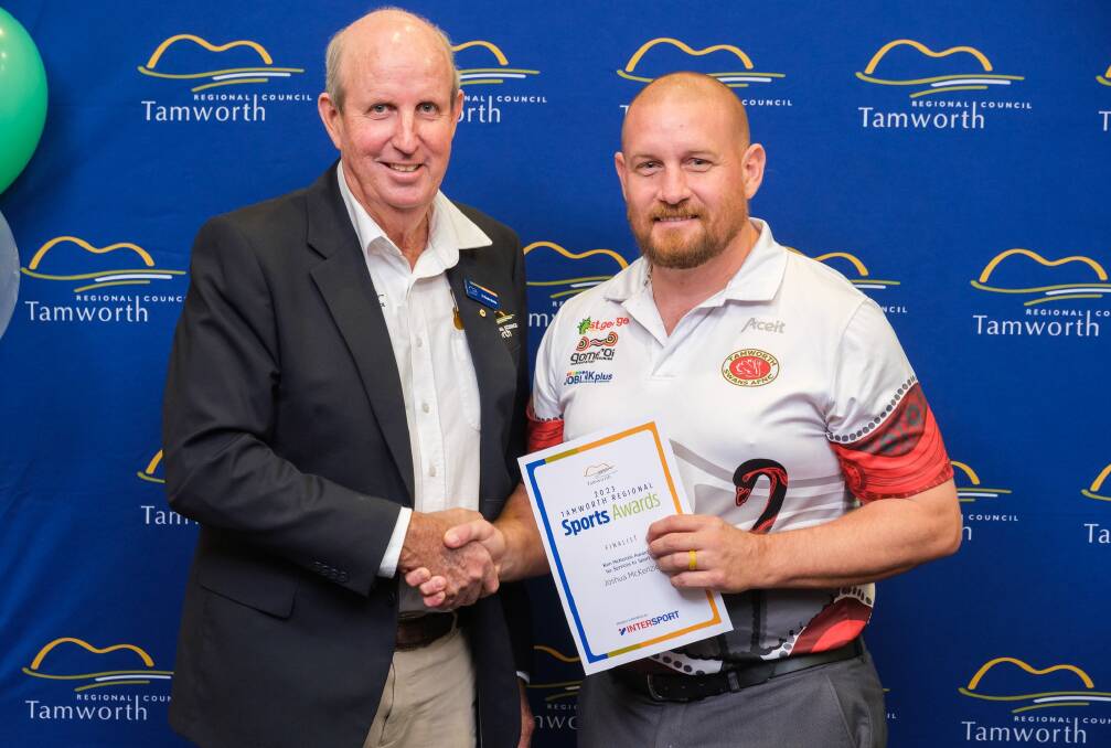 McKenzie accepts his accolade at the Tamworth Sports Awards presentation night on Friday. Picture by Tamworth Regional Council. 