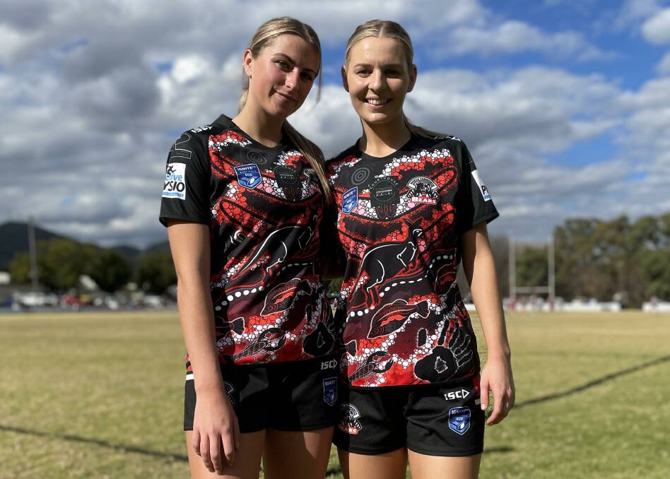 Alyssa Davis (left) and Tayla King were proud to don North Tamworth's custom-made jerseys for the club's first Indigenous Round today. Picture by Zac Lowe.