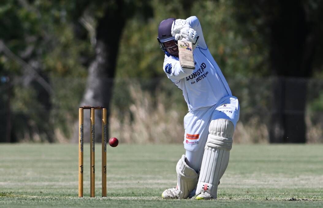 Adam McGuirk during his rollicking 95 against North Tamworth, during which some teammates said it looked as if he was batting on a different wicket entirely. Picture by Gareth Gardner.