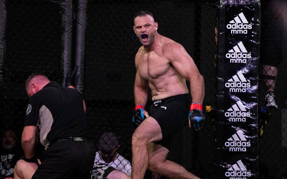Pumped up: Brock Hunter won his fight by TKO after finding himself in some dangerous positions in the second round. Photo: Proving Grounds Fight League/Emperor Creative.