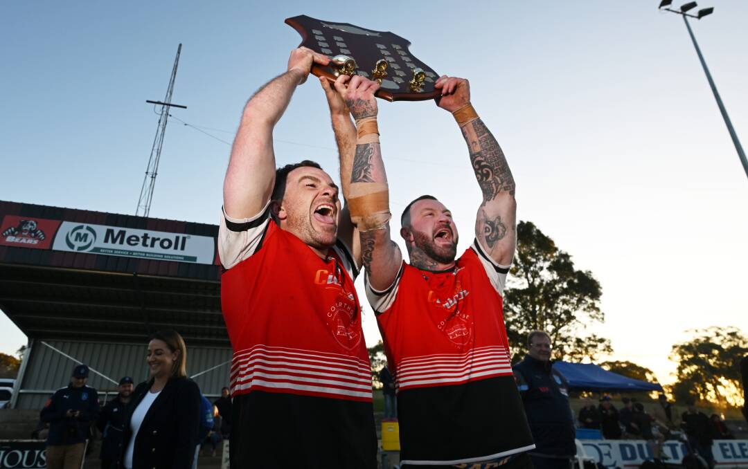 Scott Blanch (left) and Josh Schmiedel celebrate North Tamworth's eighth-straight premiership last year. In 2024, Schmiedel is determined to prove that he and the Bears can do it again without one of their greatest leaders. Picture by Gareth Gardner.
