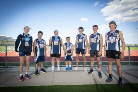 Tamworth Little Athletics' state championships medallists (L-R) Abbie Peet, Lachlan Rickard, Olivia Earl, Bailey Rickard, Cooper Wilson, Ethan Walker and Evan Morrison. Picture by Peter Hardin
