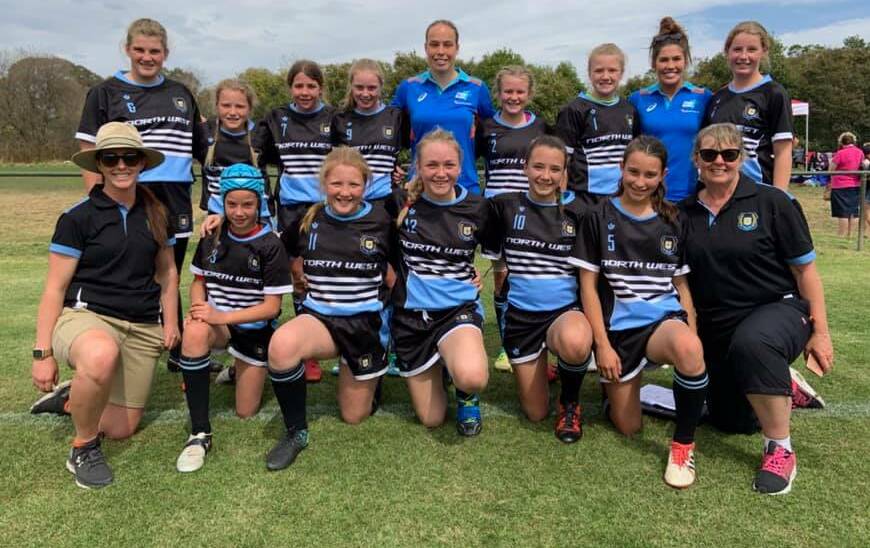 Making their mark: The North West side, pictured here with Aussie 7s stars Rhiannon Byers and Charlotte Caslick, impressed at the inaugural state PSSA girls rugby union gala days.