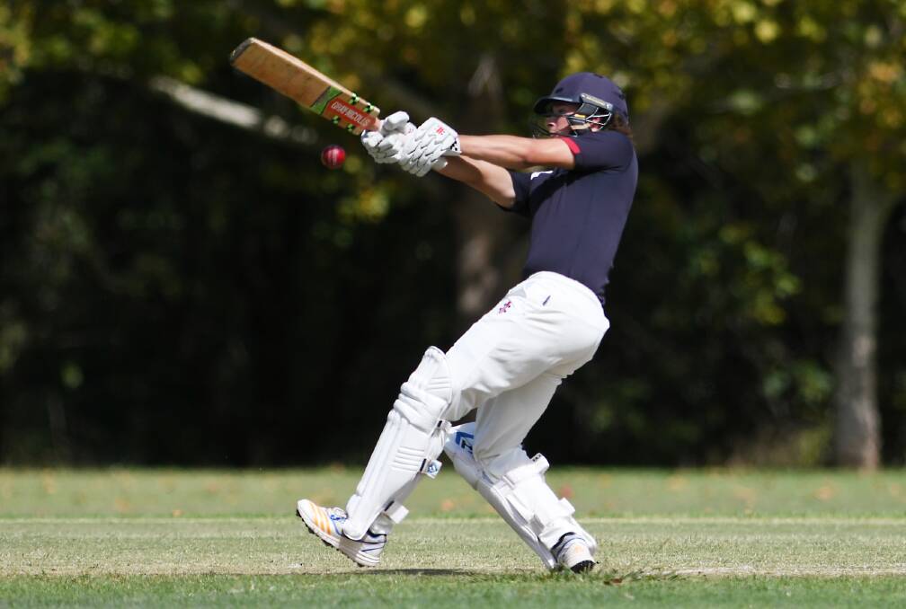 In the groove: Calrossy opener Jack Hamilton looks to go big during his top-scoring 47 in their Douglas Shield semi-final win over St Phillips Cessnock. Photo: Gareth Gardner 090321GGB07