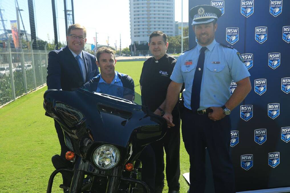 For a good cause: Brad Fittler (on bike) with NSW Minister for Police, the Hon. Troy Grant, Youth off the Streets founder Father Chris Riley, and Acting Superintendent Mark Wall at the Hogs For The Homeless tour launch. The tour will roll into Tamworth on Monday. Photo: NSWRL