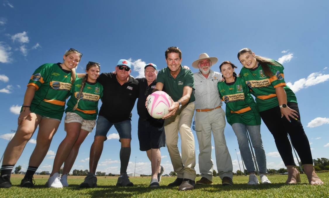 Member for Tamworth Kevin Anderson turned Easter bunny on Friday, announcing a $100,000 grant from the state government for the inaugural women's tens tournament to be played in Tamworth over Easter. He's pictured with local players, tournament co-directors Bill Fitzgerald and Mick Coffey (to the left of him) and Tamworth Mayor Russell Webb. Picture Gareth Gardner