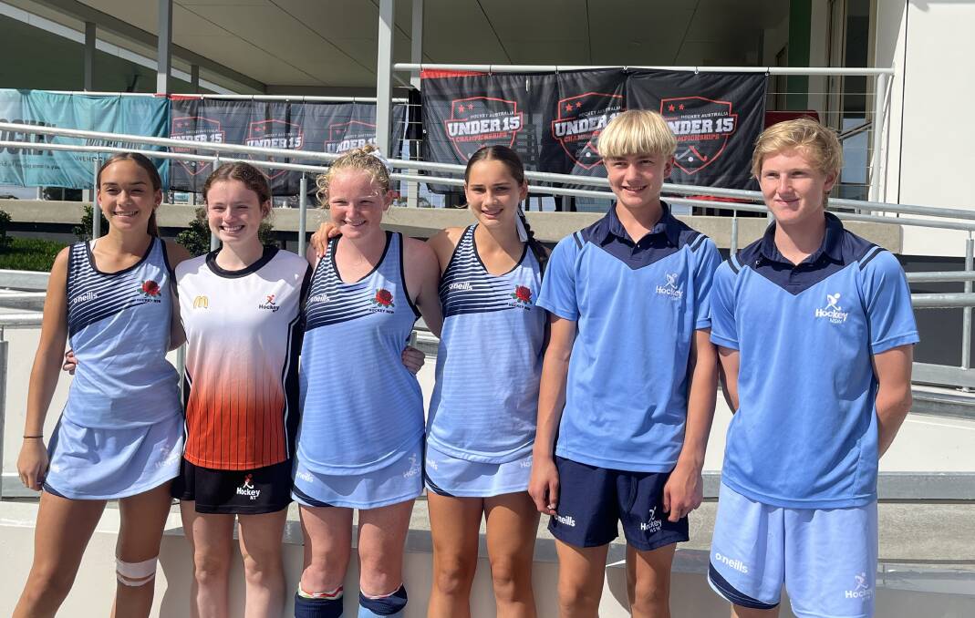 A force in blue: Tamworth hockey talent featured strongly at the recent under-15s nationals in Newcastle with L-R Makenna Barnett-Suey, Mackenzie Scott, Maggie Highlands, Lizzie Ray, Jack Marshall, Blake Scicluna and (absent) Alyvia Wilson all showcasing their talents.