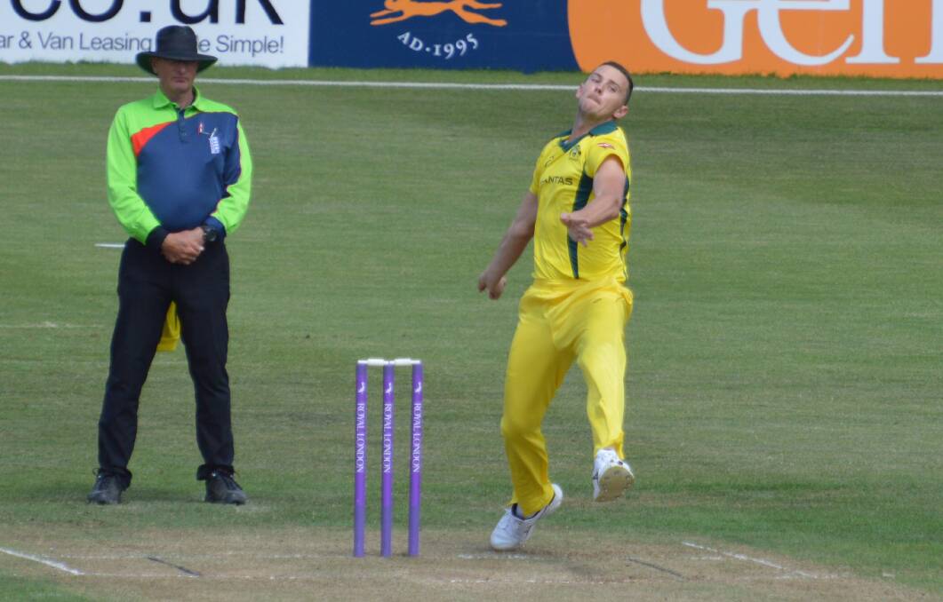 Pulling the trigger: Josh Hazlewood, here in action for Australia A in England last year, says his three-week injury lay-off might be a blessing in disguise as he prepares to make his return to the Australian ODI side. 