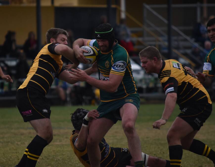 Strong: Casey Bowman, here in action against Pirates, was one of Inverell's best in their win over Gunnedah. Playing his first season of rugby, he was very solid in defence at outside centre. Photo: Ben Jaffrey