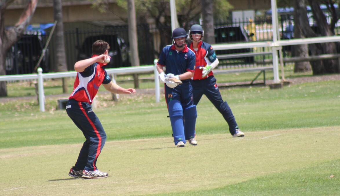 Central North spinner Conrad George keeps Western batsman Jake Settree on his toes after a great piece of fielding. Photo: North West Courier