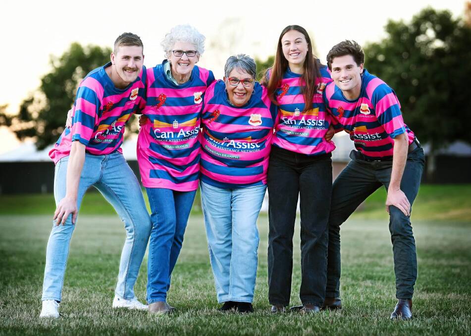 Ray Spradbrow, Leigh McPherson, Kate Knight, Emmy Barr and Jack Morrissey show off the special jerseys the Gunnedah first grade players will be donning in aid of Can Assist against Walcha on Saturday. Picture by Sarah Stewart
