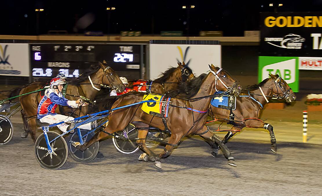 Close call: Wet My Whistle (4) holds on on the inside to win Thursday night's Golden Guitar Final. Photo: PeterMac Photography