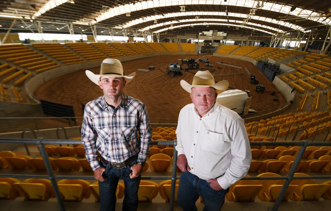 Rivalry reignites: Local cowboy Lachlan Slade and PBR Australia general manager, Glen Young are ready for a big night of bullriding as the Origin series bucks into Tamworth. Photo: Gareth Gardner 220222GGB01