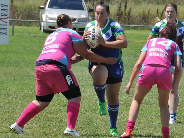 Strong run: Sara Webster takes a hit-up for her Armidale Rams side during the opening round of the North West Womens 9s. Webster and her Rams are heading to Tamworth for the third round on Saturday. Photo: Ellen Dunger.
