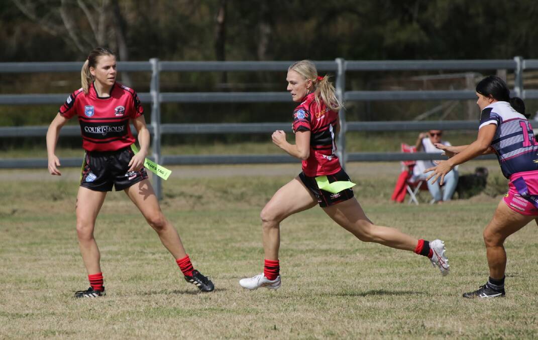 Starring role: Kim Resch motors to the tryline in her two-try effort in North Tamworth's opening round win over Dungowan. Photo: Judy McManus