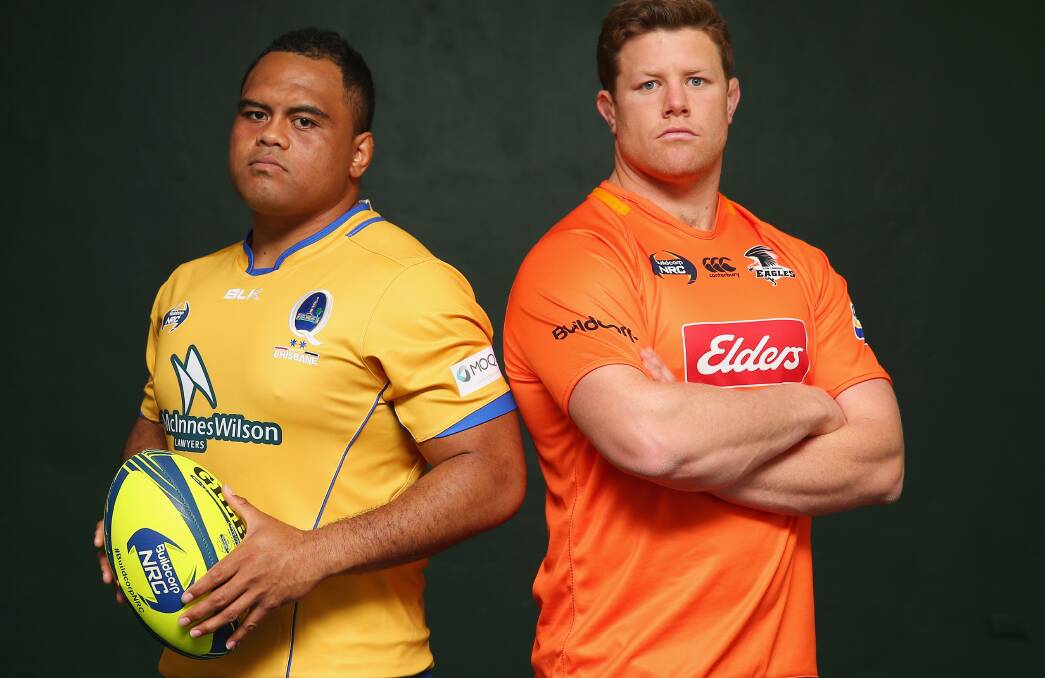 Ready for battle: Brisbane City's Sam Talaki and NSW Country Eagles captain Paddy Ryan (right) pose at the NRC season launch. Photo by Don Arnold/Getty Images