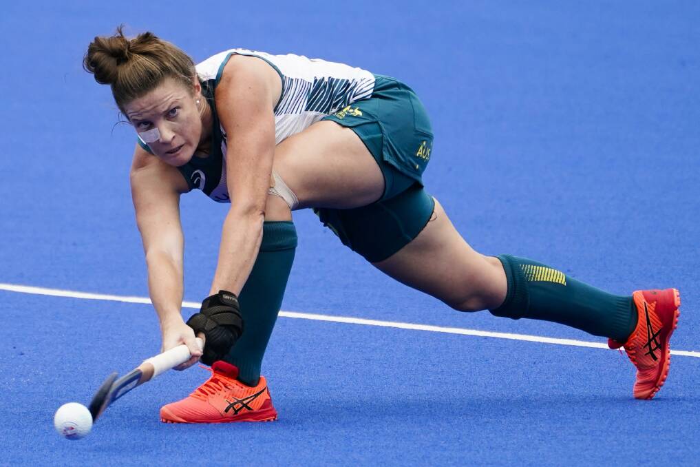 Steely-focus: Kate Jenner was again assured at the back as the Hockeyroos scored a six-goal shut out of China. Photo: John Minchillo AP