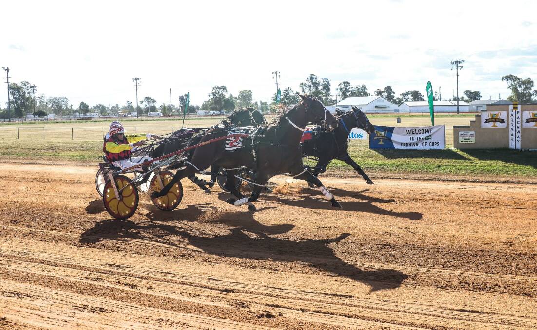 Bold move: Madame Pele makes her three wide run to grab the win in the John Dean Memorial on the line. Photo: Coffee Photography Dubbo 