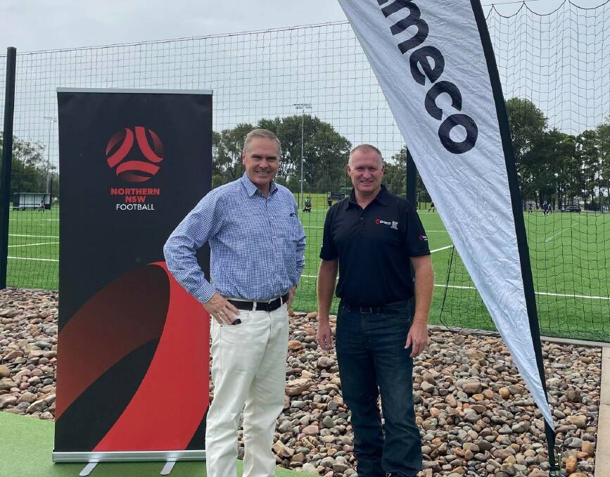 Generous support: Emeco's Callum Manderson with NNSWF CEO David Eland. The company will donate $1500 through its employee donation program to help young referees in the Northern Inland.