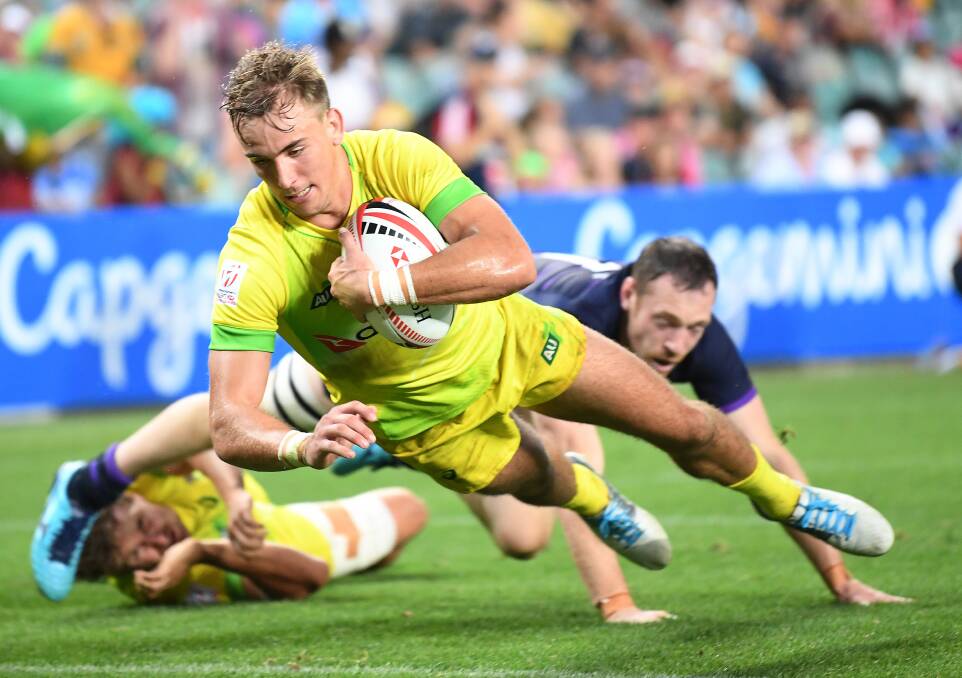 Try-time: John Porch, here scoring against Scotland at the Sydney 7s, crossed for four five-pointers at the Las Vegas round of the World Series. Photo: AAP Image