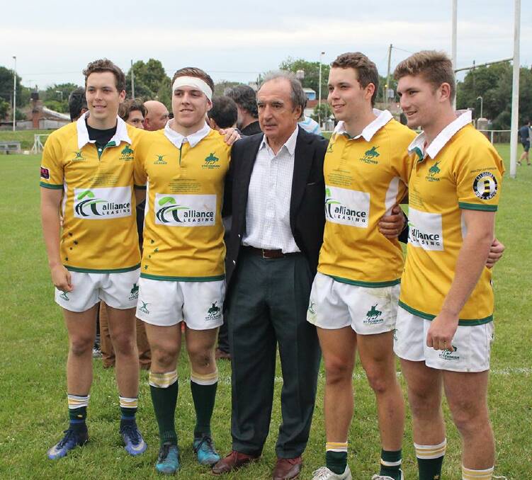 Great experience: Lachlan Windred (left), Angus Windred (second from right) and Jack Radford (right). Photo: Australian Stockman Rugby Facebook.
