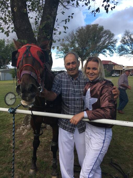 It was smiles allround for Len Simon and 16-year old grand daughter Maddison Simon, who enjoyed a driving double - the first coming behind Dark Side. Photo: Julie Maughan