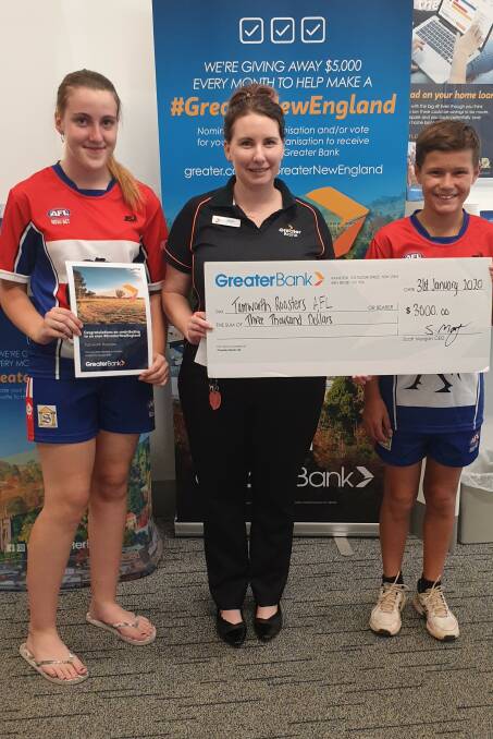 Kicking goals: Tamworth Roosters AFL club are the winners of this months #GreaterNewEngland funding round. Pictured are (L-R): Brielle Jeffries-Tapper (Tamworth Roosters AFL), Stephanie Fisher (Greater bank) and Rory Cuddihy (Tamworth Roosters AFL).