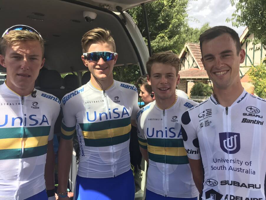 Hard toil: Dylan Sunderland (left) with Uni-SA team-mates Nick White, Ayden Toovey and Jason Lea ahead of Stage 3. Photo: Uni-SA Twitter.