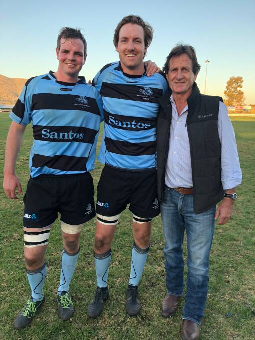 Proud achievement: In playing his 100th game in Blue Boars' colours against Inverell last weekend, Sam Kahl (left) joined brother Daniel (middle) and father James Kahl (right) as centurions for the club. 