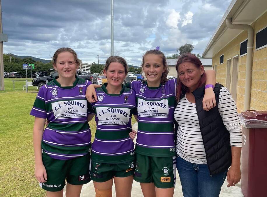 Saturday was a special day for Jess Kelso (left) and Emily Kelso (second from left), pictured here with sister Kiah Newell and mum Rachael Tarrant at an earlier game this season, with the sisters both playing their 50th game for Barraba/Gwydir. 