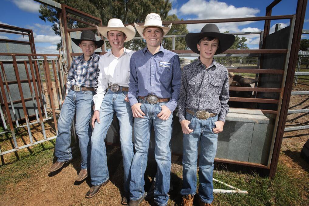 Future stars: Young cowboys Eddie Maxwell, Blake Christie, Colby Edgar and Brodie Medredith are hoping to qualify to compete at the Junior World Nationals later in the year. Photo: Peter Hardin 310321PHB006