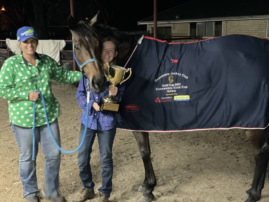 Job done: Stable foreman Amee Hobday and Talia Crossley, and Aesop's Fable return home to Moree with the Coonamble Cup.