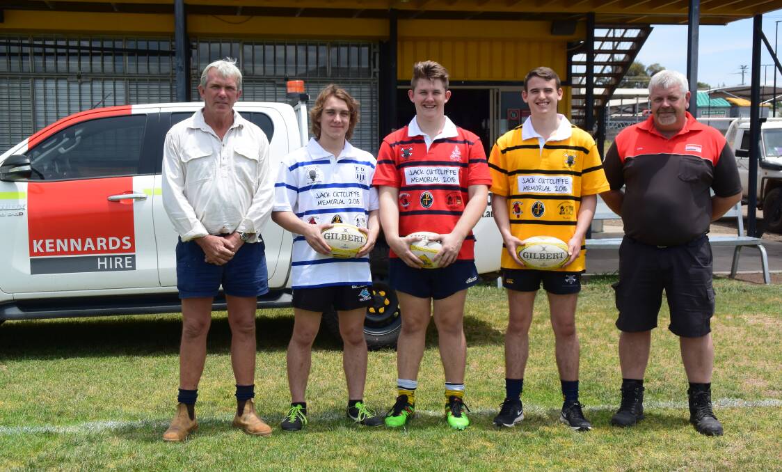 A lasting legacy: Pirates will host the second annual Jack Cutcliffe Memorial Tournament on Saturday. Pictured are (L-R) Jack's father Tom, good friends Jake Mitchell, Noah Cook and Zac Clark and Kennards Hire Tamworth branch manager Chris Burton. Kennards' support means specially designed jerseys will be worn.