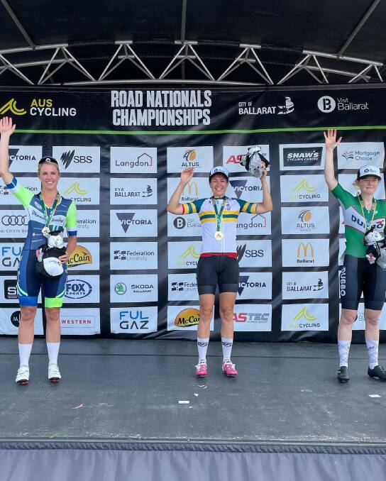Silver lining: Pip Ash (left) added another nationals medal to her collection in Ballarat last week winning silver in the women's masters criterium.