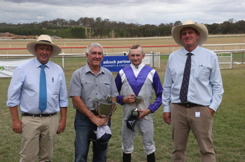 Meyer (second from left) with jockey Cobi Vitler (second from right) with two of the Walcha Jockey Club committee members after being presented with the 2024 Walcha Cup. Picture by Bradley Photographers