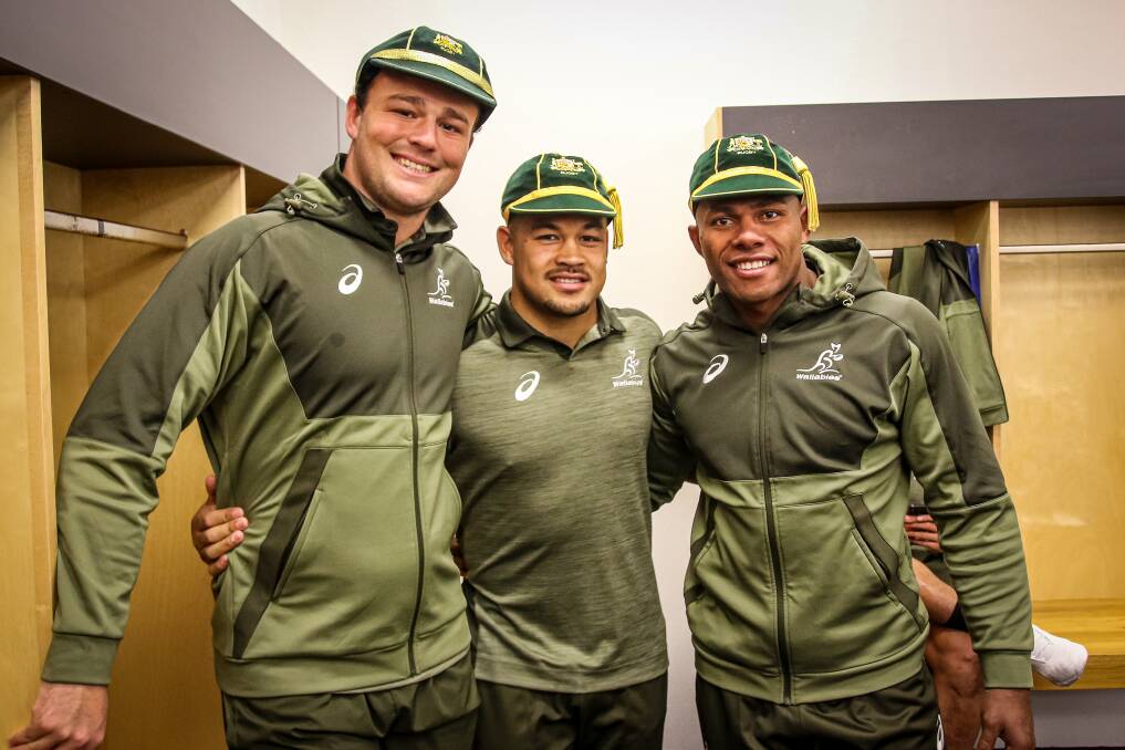 Harry with fellow debutants Hunter Paisami and Filipo Daugunu. The Gunnedah product has been shifted to No.8 for Sunday's second test. Photo: Andrew Phan/Wallabies Media.