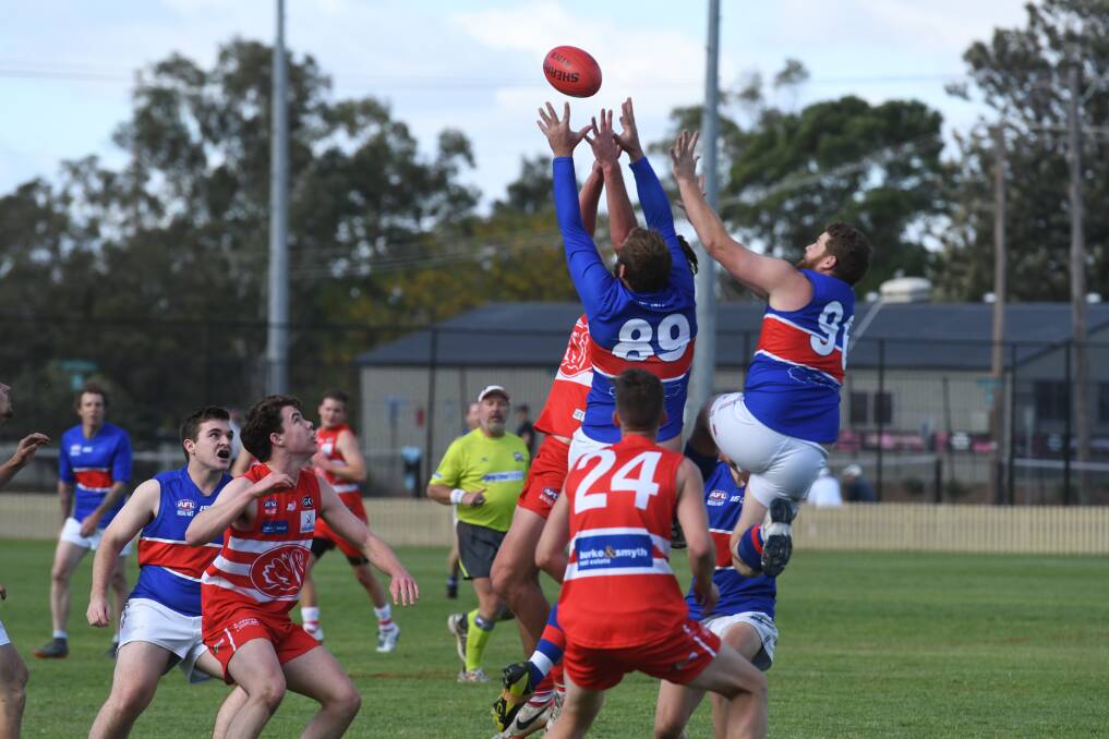 Bulldogs and Swans players soar for possession on Saturday.