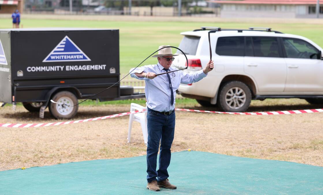 President Steven Wicks also brought out the whips and placed third in the men's and second in the bullock whip, both behind son Daniel. Picture by Jodie Pitman