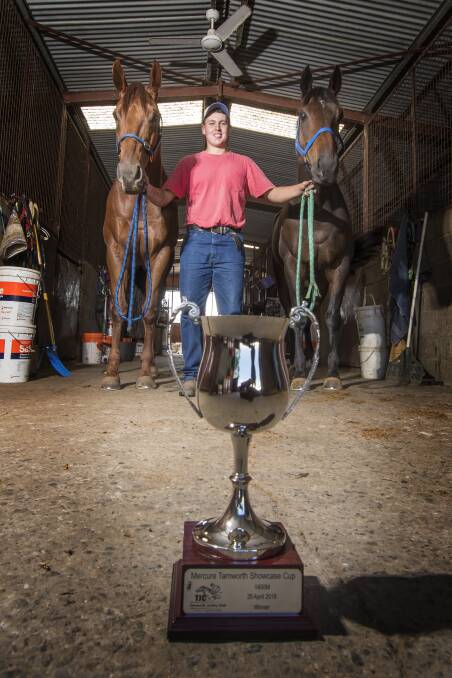 Eye on the prize: Zach Hatch with Tamworth Cup hopeful Mighty Like (left) and Merriwa Cup winner Collins Street. Photo: Peter Hardin