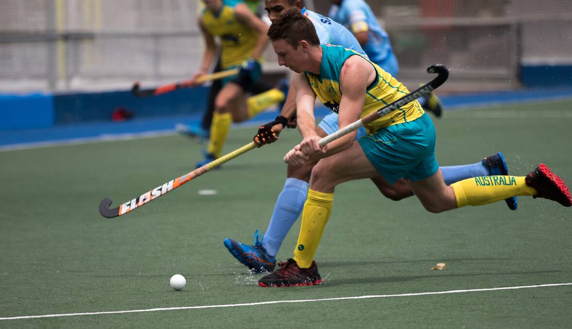 Pulling the trigger: Tamworth's Ehren Hazell lines up on the backstick during the Burras' win over India. Hazell was one of the Assuies' goalscorers in the 4-nil result. Photo: Andrew Smit