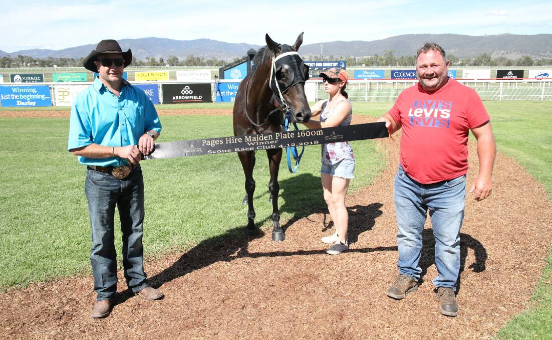 Troy O’Neile (left) is also excited about the future of Arlo’s Way after the gelding won the Pages Hire Plate Maiden (1600m). Photo: Scone Race Club