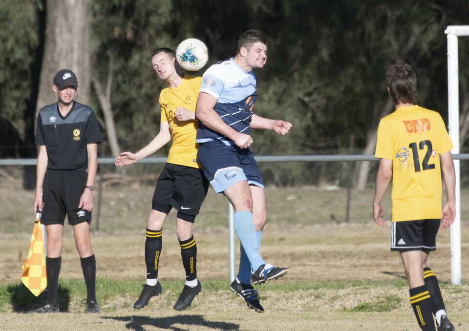 Grand final bound: Kurt Barrow, pictured here in action earlier in the season, scored a double for Tamworth FC in their semi-final win over Gunnedah FC on Saturday. Photo: Peter Hardin