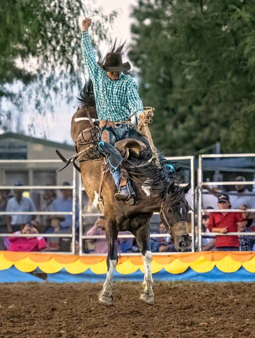 Rising star: Warwick Southern rides for the win in the rookie Xtreme Bronc Australia event held on New Years Eve as part of the Upper Horton Campdraft and Rodeo. Photo: BootFace Photography