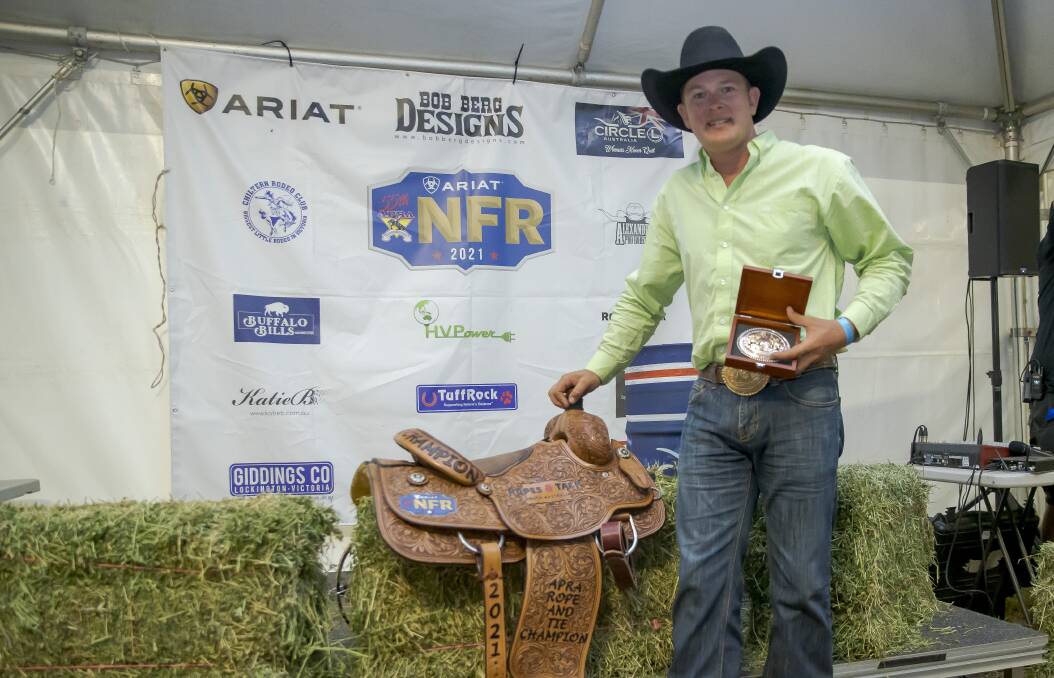 "I didn't see it coming": From 22nd going into the APRA national finals Moonbi cowboy Ty Parkinson is the 2021 rope and tie national champion. Photo: Andrew Roberts - A Roberts Media